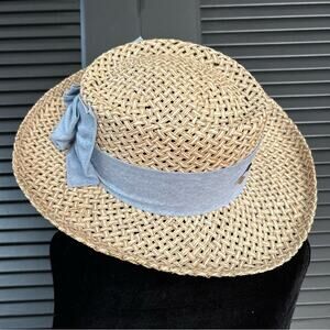 Imperial “Vail” Straw Hat in White and Tan with Blue Chambray Band and Bow, OSFM